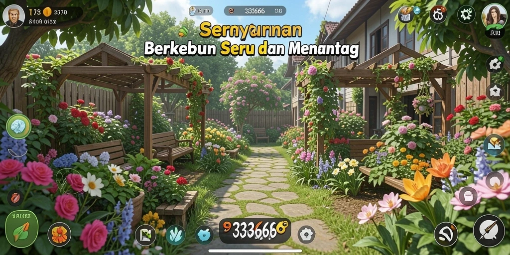 Gameplay seru berkebun di 333666 dengan berbagai tanaman dan hewan.