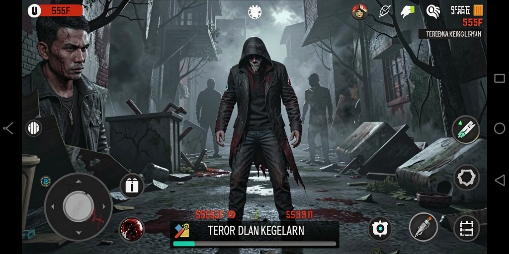 Screenshot gameplay 555F menunjukkan suasana mencekam dan menakutkan.