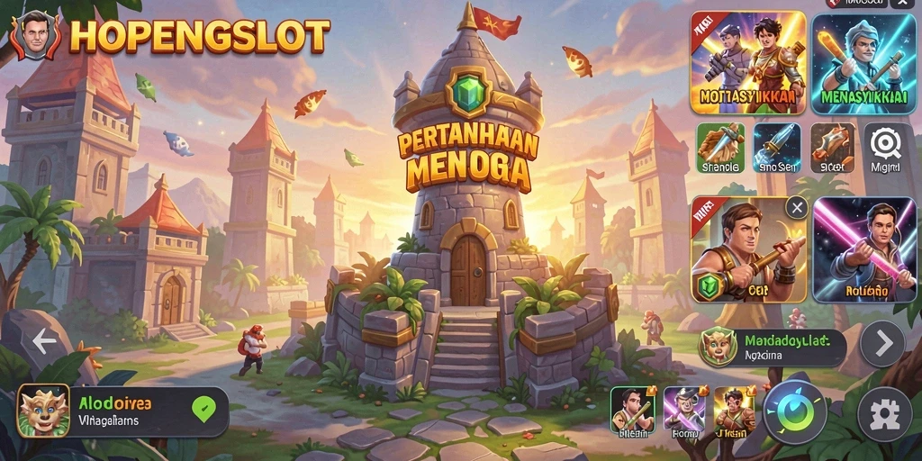 Screenshot gameplay HOPENGSLOT menunjukkan aksi menara dalam pertahanan.