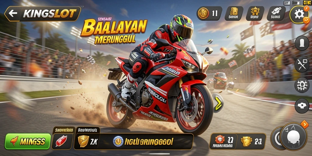 Gameplay KINGSLOT dengan balapan motor yang penuh adrenalin.