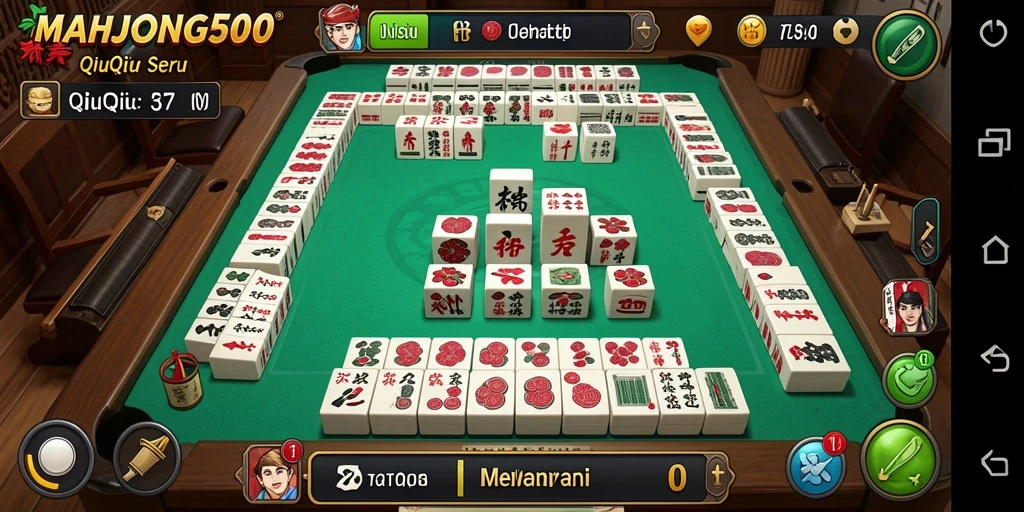 Screenshot gameplay QiuQiu MAHJONG500 yang menampilkan kartu dan interaksi pemain.