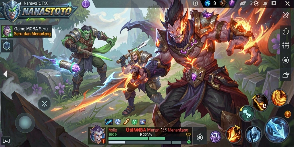 Tangkapan layar permainan NANASTOTO menampilkan aksi MOBA yang mendebarkan.